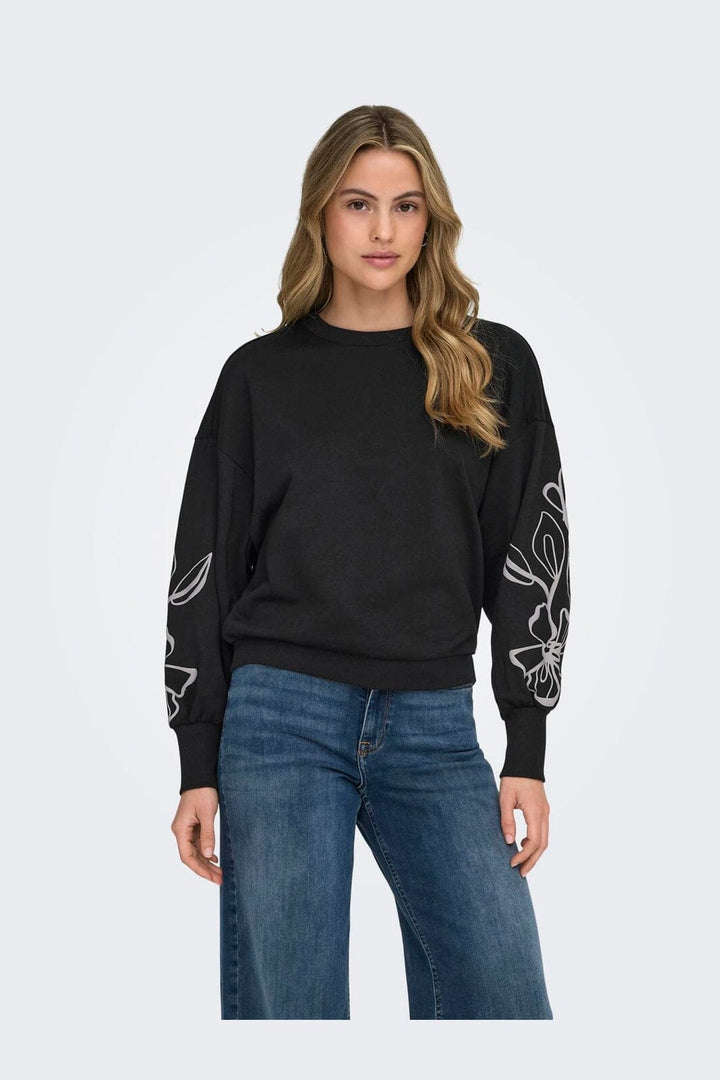 Only - Onlbrooke L/S O-Neck Flower Swt - 4989287 Black Magnolia Flower Sleeve Puff