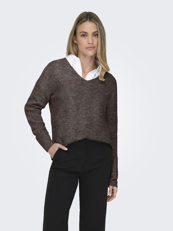 Only - Onlcamilla V-Neck L/S Pullover Knt - 4807844 Chocolate Martini Melange Strikbluser 
