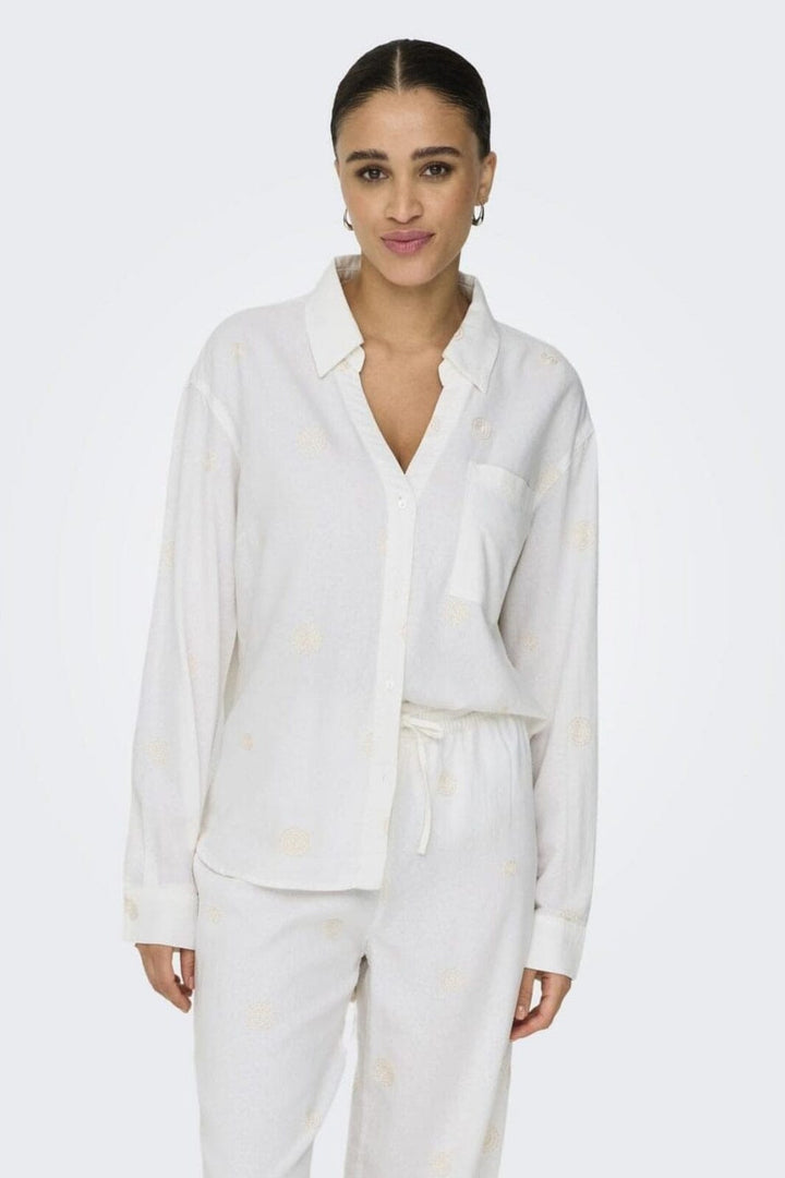 Only - Onlcaro L/S Linen Bl Emb Shirt Cc - 4652331 Bright White Pumice Stone Embroidery