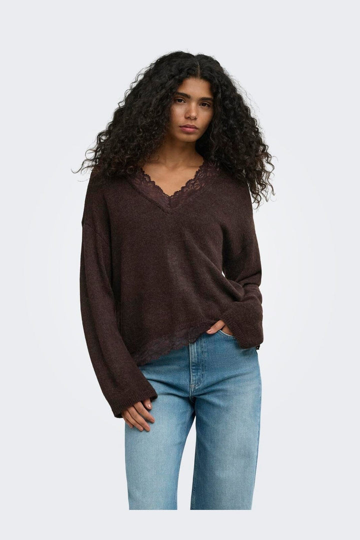 Only - Onlclover Ls Lace V-Neck Reversible Knt - 5149080 Coffee Bean Melange/Dtm Lace