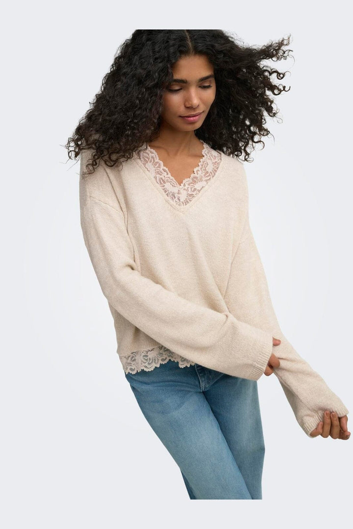 Only - Onlclover Ls Lace V-Neck Reversible Knt - 5149081 Pumice Stone Melange/Dtm Lace