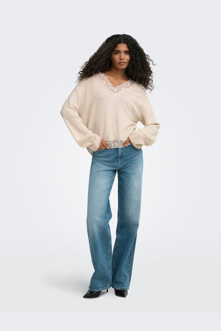 Only - Onlclover Ls Lace V-Neck Reversible Knt - 5149081 Pumice Stone Melange/Dtm Lace