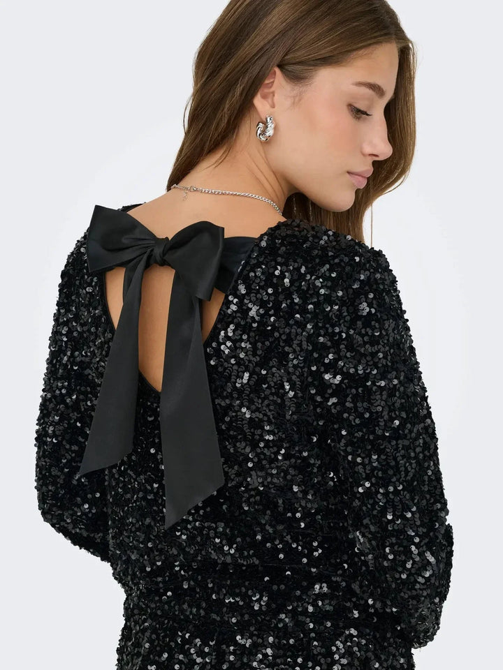 Only - Onlconfidence L/S Sequin Bow Top - 4877639 Black Black Sequins+Black Bow Bluser 