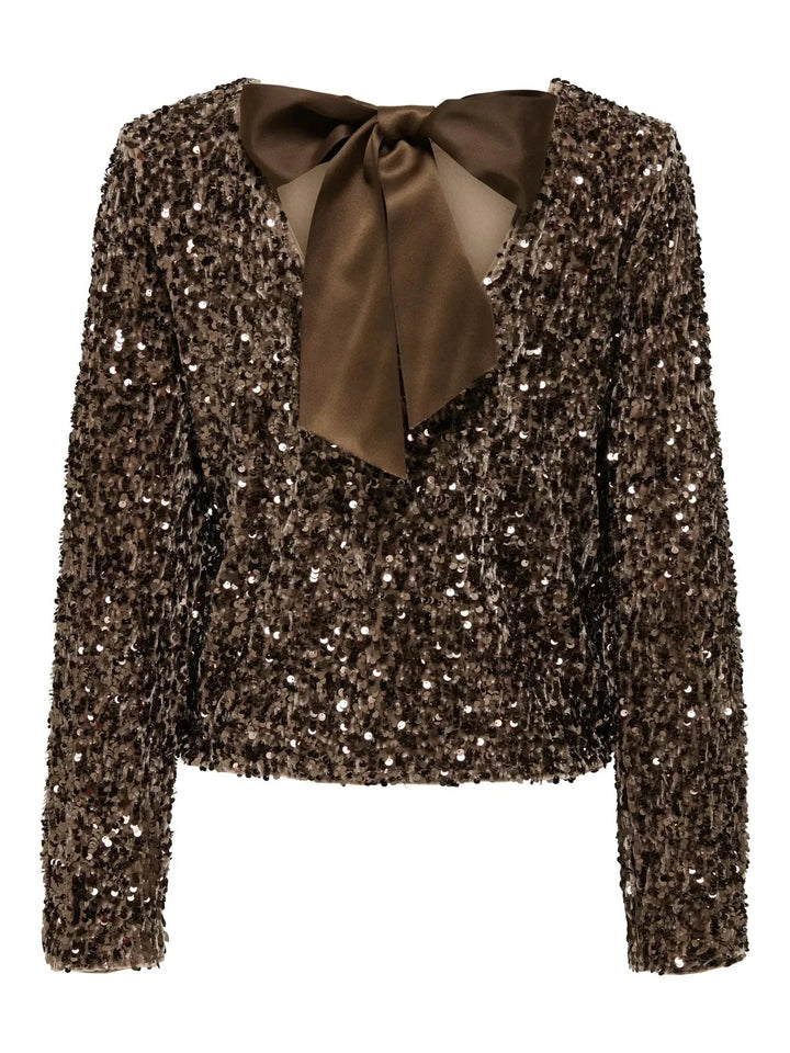 Only - Onlconfidence L/S Sequin Bow Top - 4877640 Mountain Trail Mountain Trail Sequins+Mountain Trail Bow Bluser 