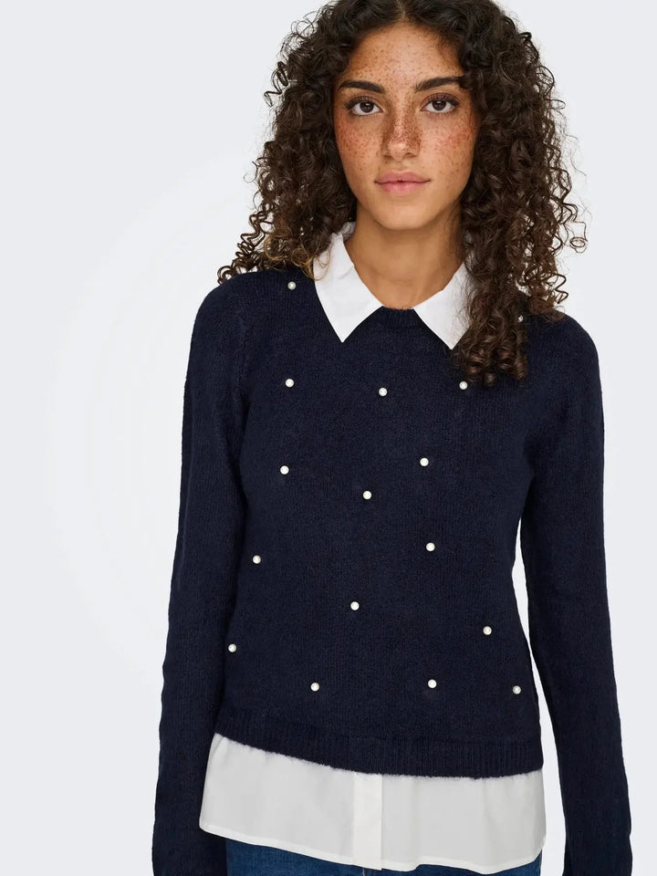 Only - Onldolly Ls Woven Mix Pearl Pull Cc Knt - 4854038 Night Sky W. Cloud Dancer Woven Mix Strikbluser 