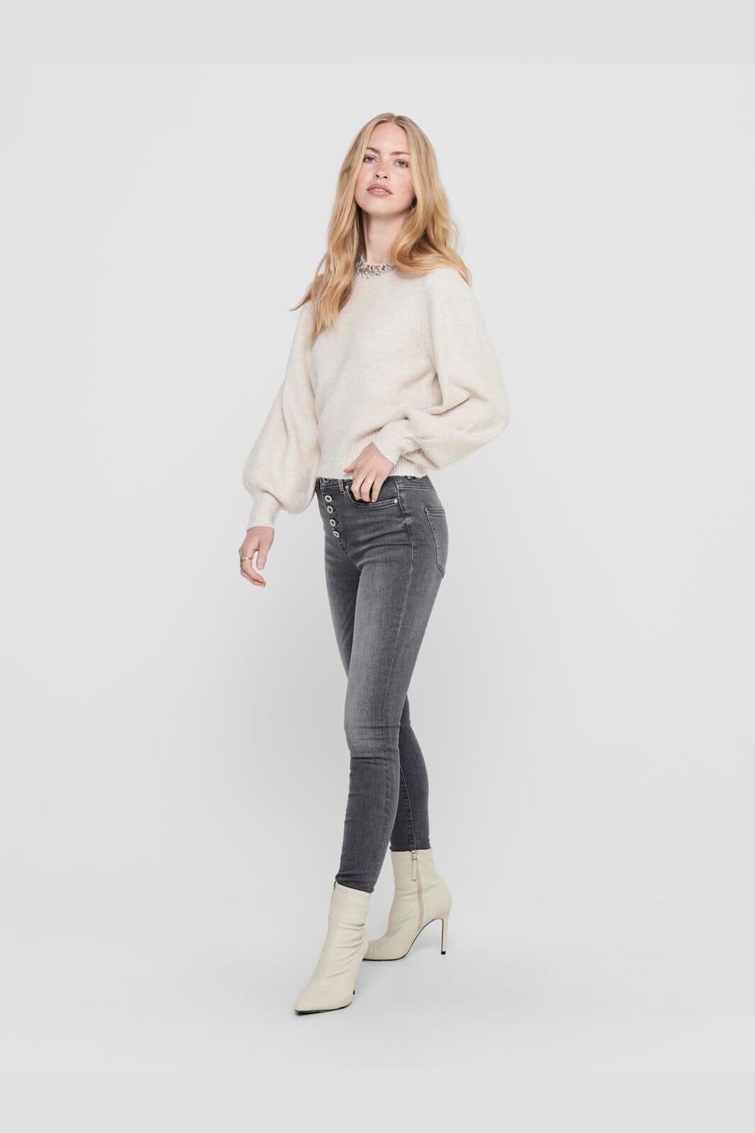 Only - Onlelsa L/S Pullover Knt - 3493207 Pumice Stone W. White Melange