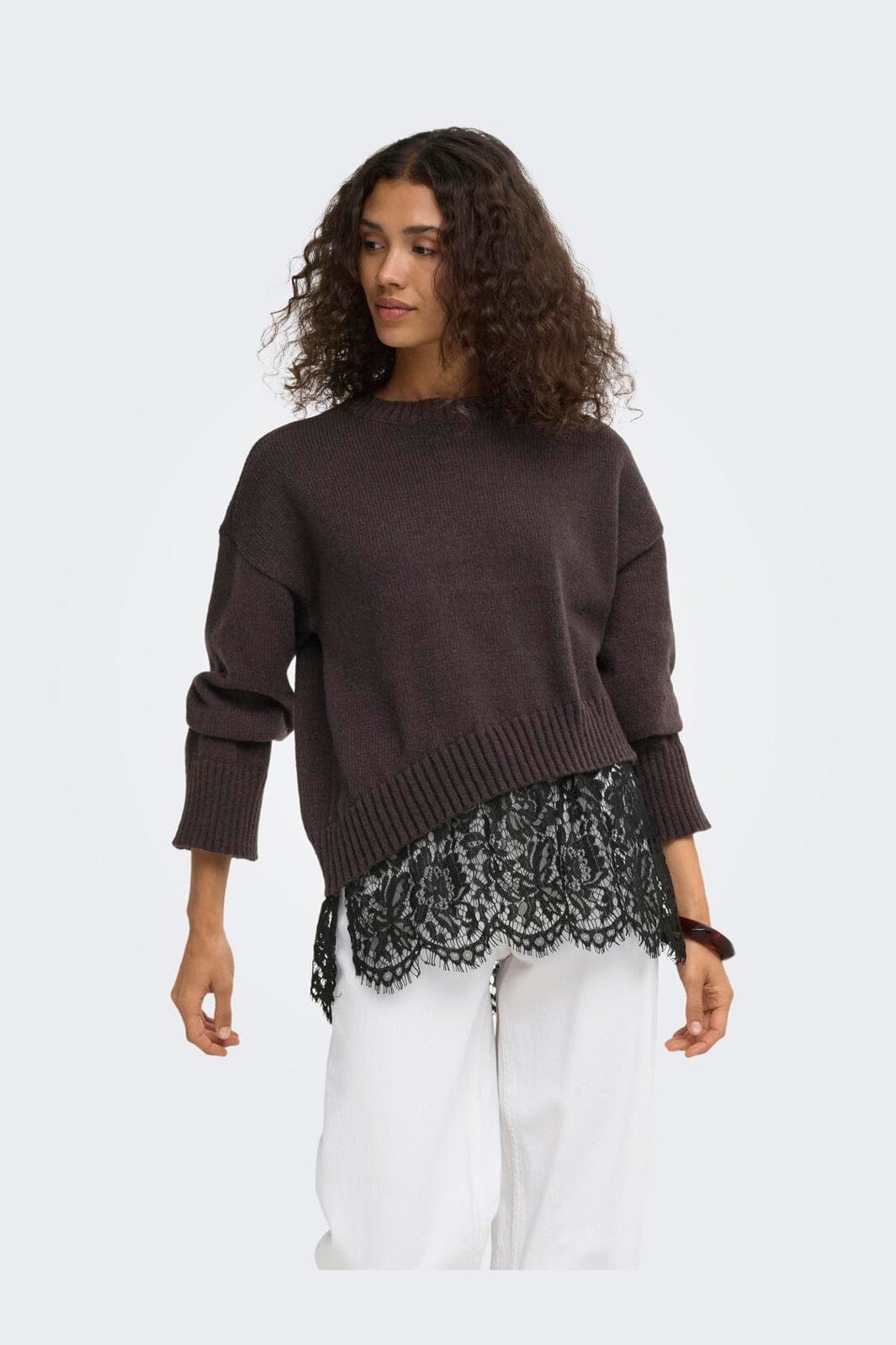 Only - Onlevie Ls Lace Mix O-Neck Knt - 5128826 Coffee Bean Black Lace