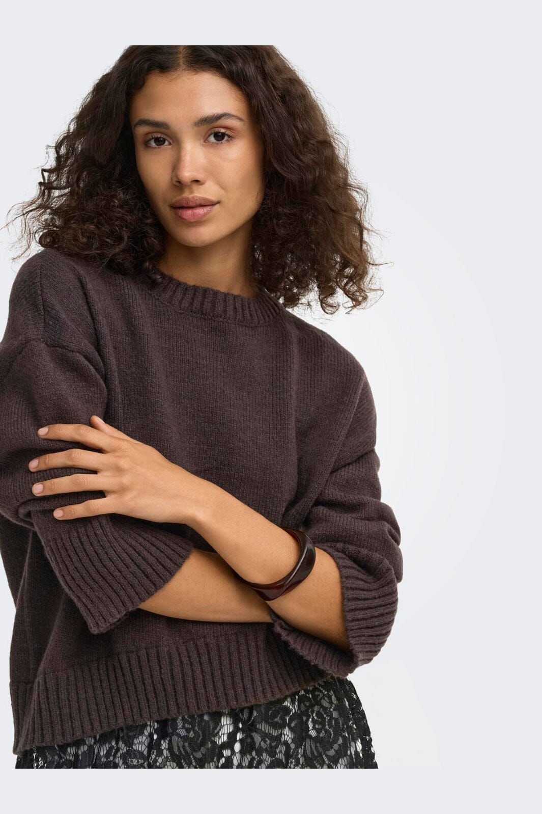 Only - Onlevie Ls Lace Mix O-Neck Knt - 5128826 Coffee Bean Black Lace