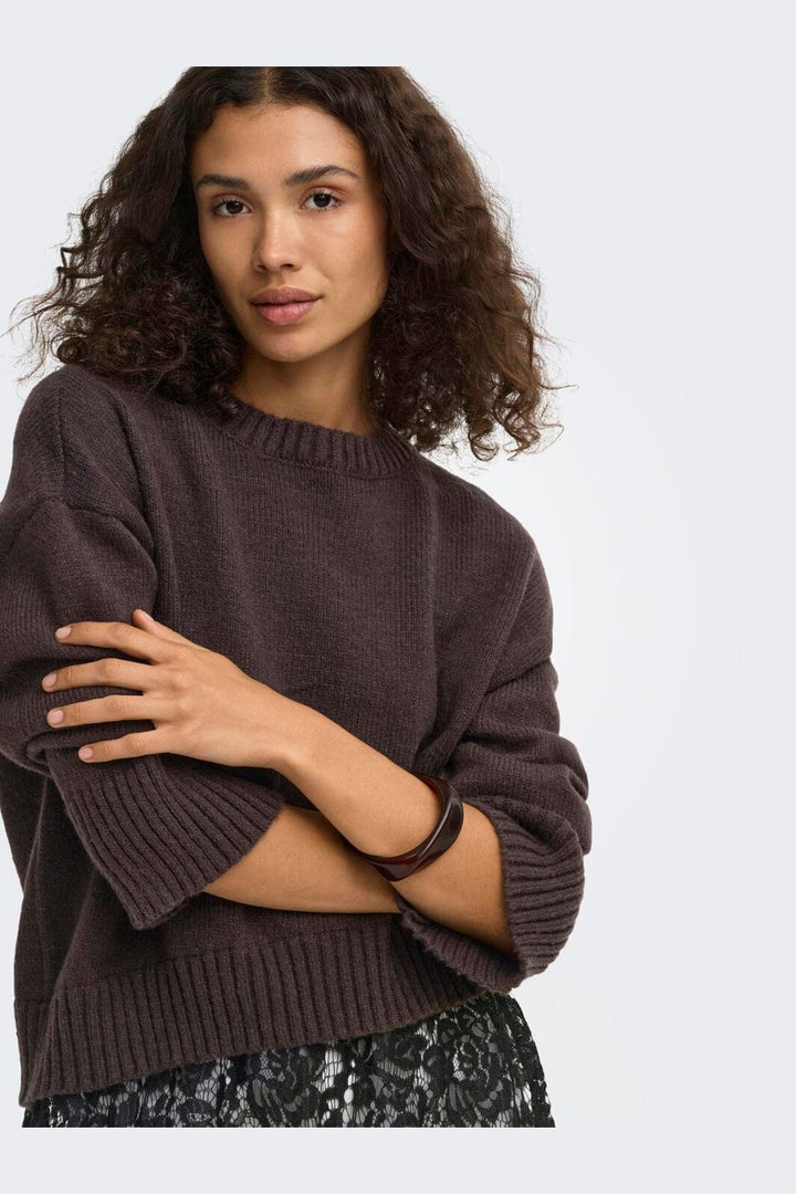 Only - Onlevie Ls Lace Mix O-Neck Knt - 5128826 Coffee Bean Black Lace