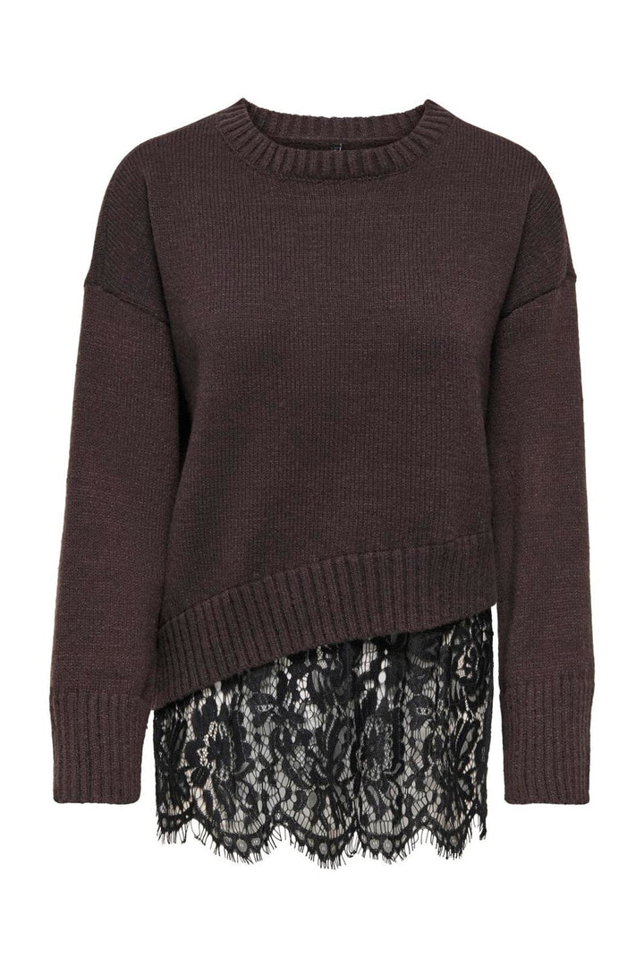 Only - Onlevie Ls Lace Mix O-Neck Knt - 5128826 Coffee Bean Black Lace