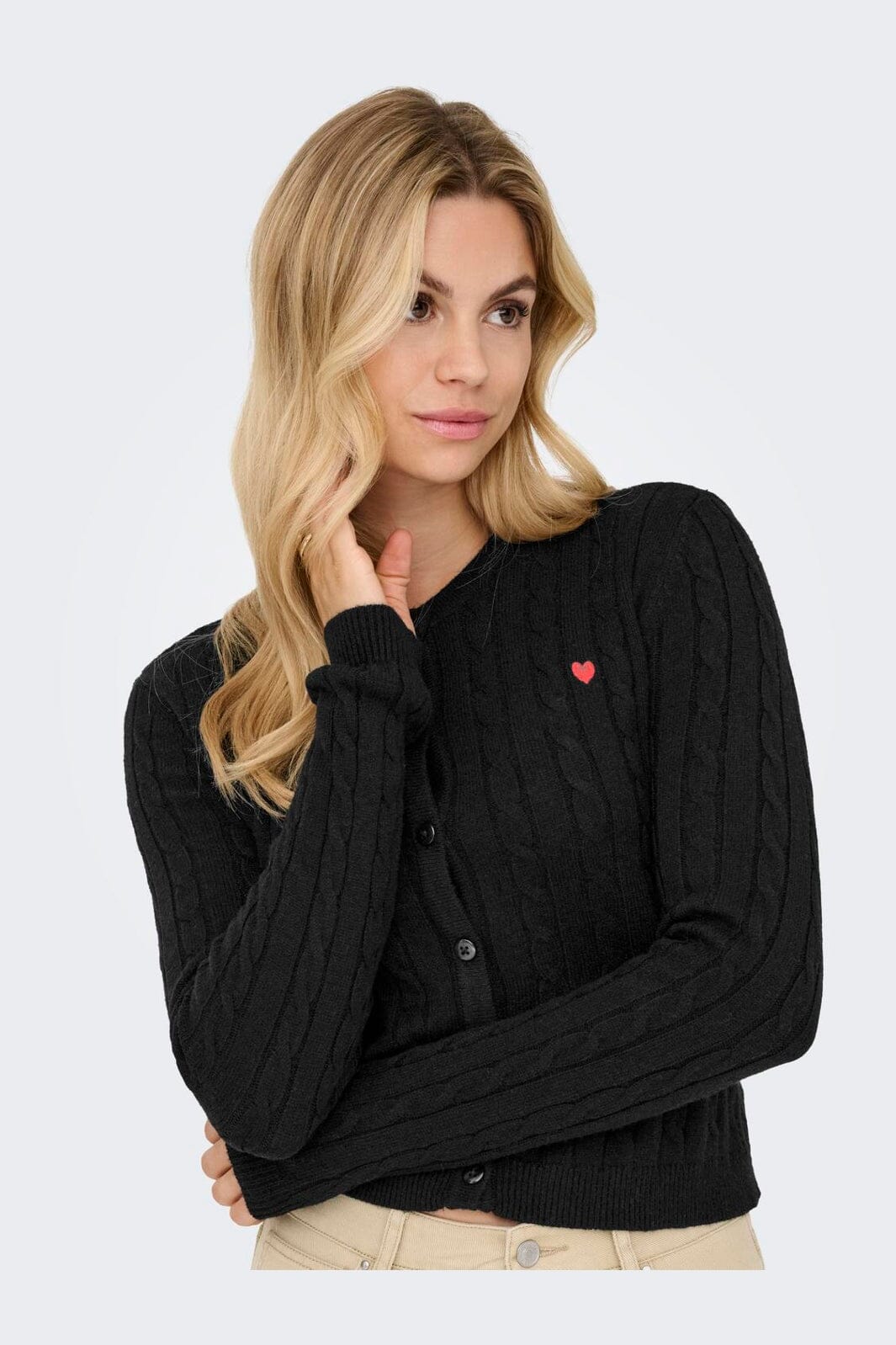 Only - Onlkatia Ls Cable Button Cardigan Cc Knt - 4959313 Black True Red Heart Emb/Dtm Button