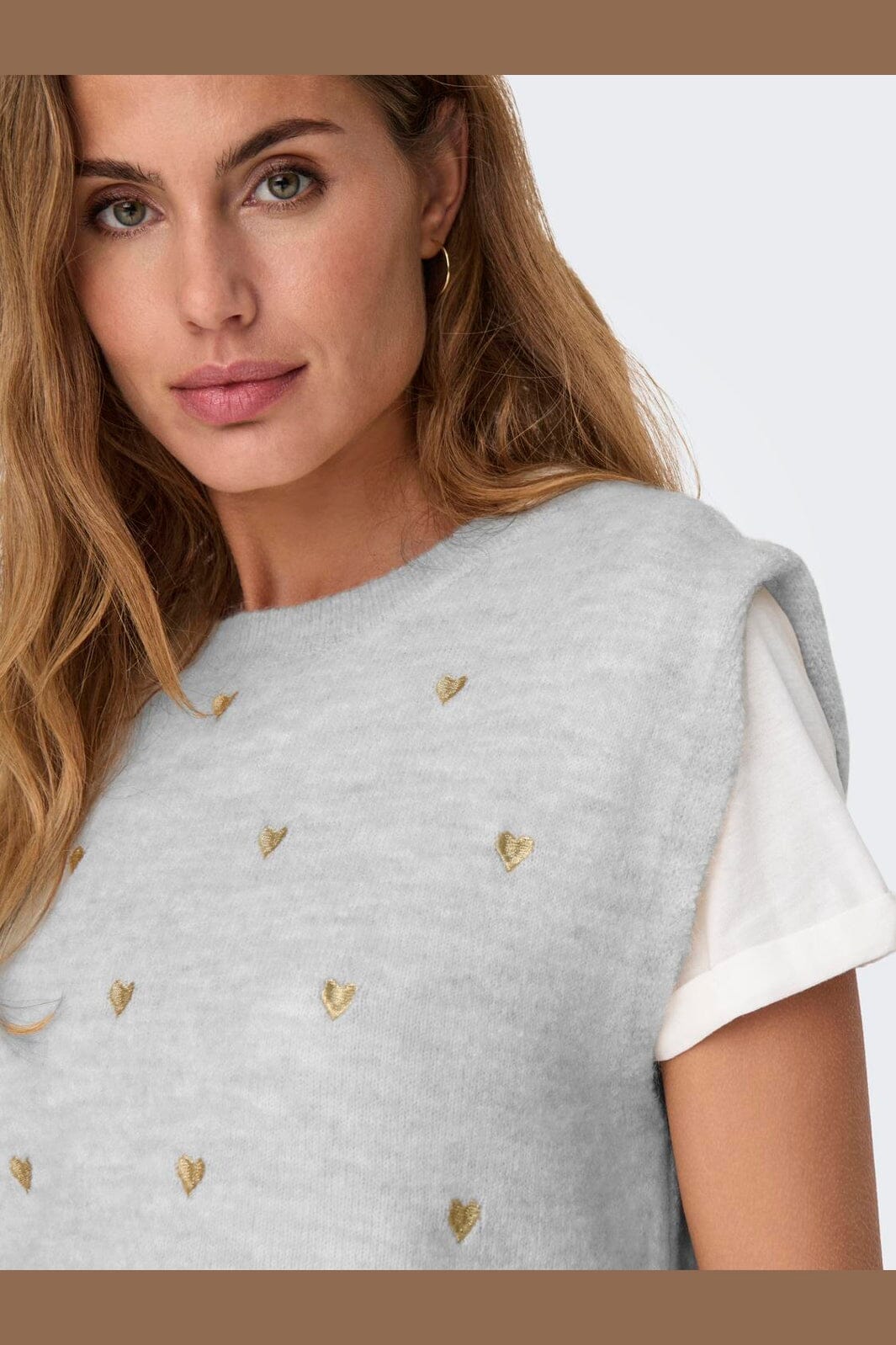 Only - Onlmelody Sl Embroidery O-Neck Knt - 4919768 Light Grey Melange Light Gold Hearts
