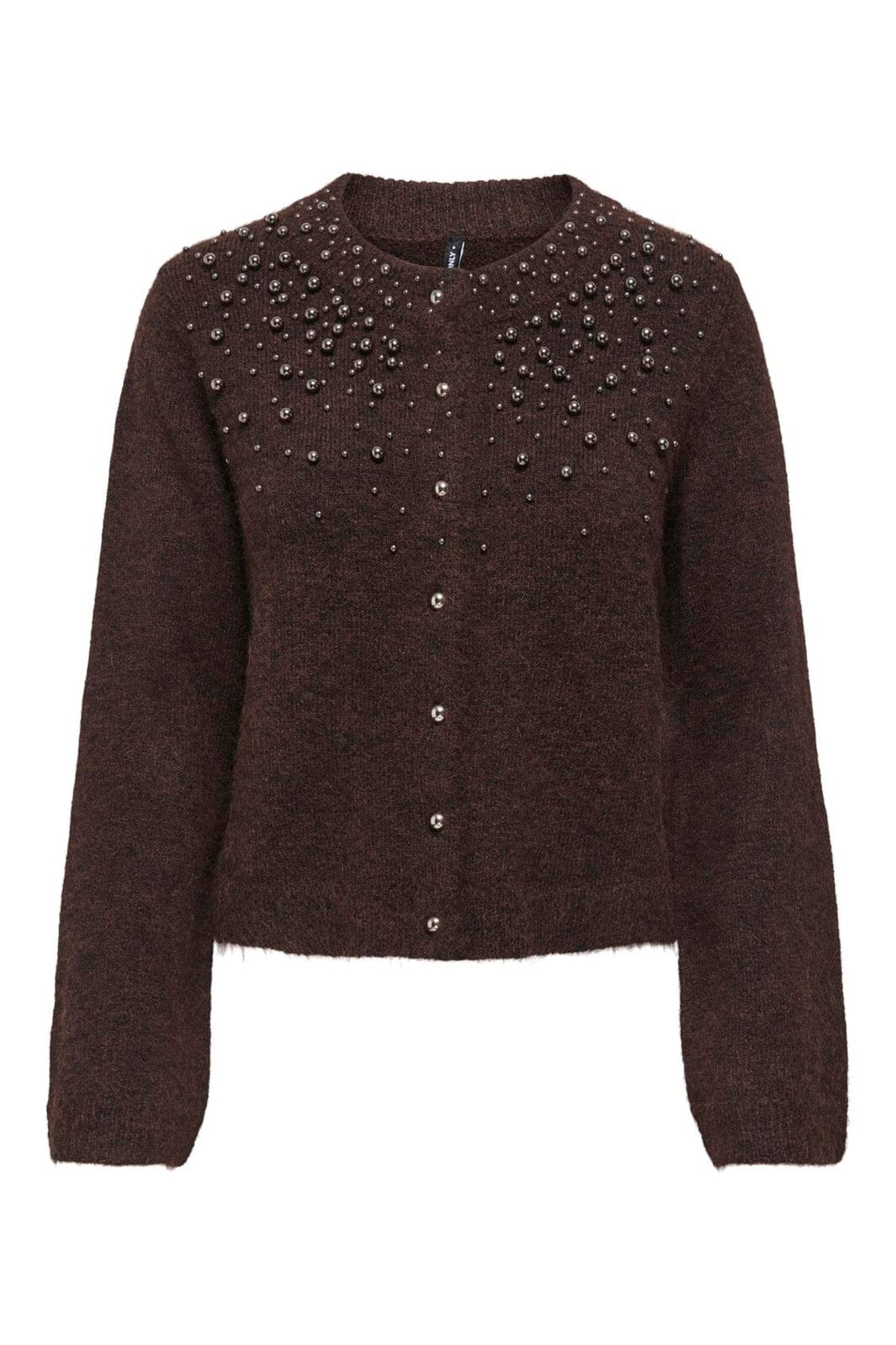 Only - Onlmiggie Ls O-Neck Pearl Cardi Knt - 5062031 Coffee Bean Melange/Silver Metal Pearl