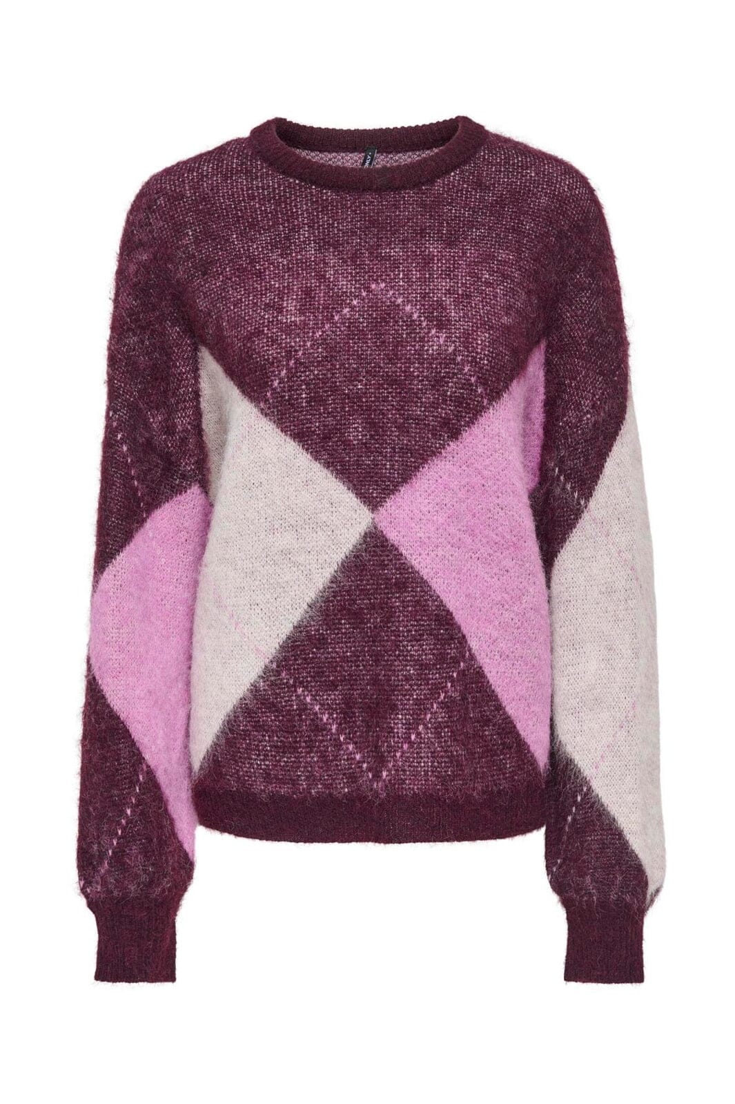 Only - Onlnoeme Life Ls Jq O-Neck Knt - 5127593 Winetasting Birch/Fuchsia Pink/Melange/Argyle