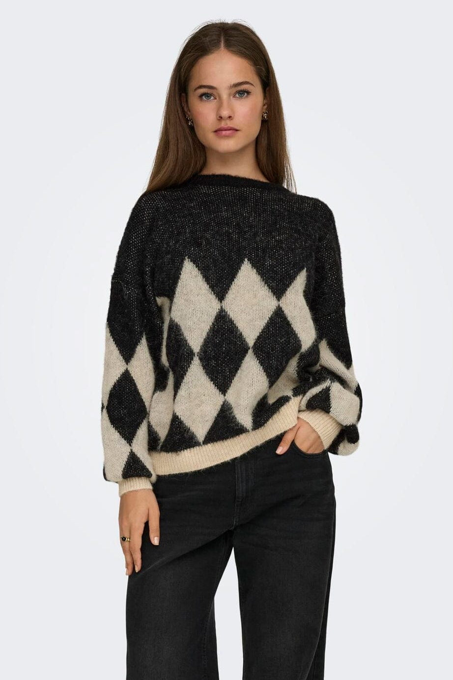 Only - Onlnoeme Life Ls Jq O-Neck Nca Knt - 4895268 Black Biscotti/Melange/Harlekin