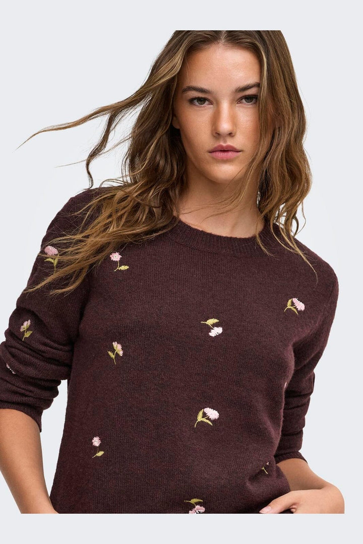 Only - Onlshine Ls Embroidery O-Neck Cc Knt - 5100611 Fudge Mel/Flower Body/Beech/Pale L/Birch
