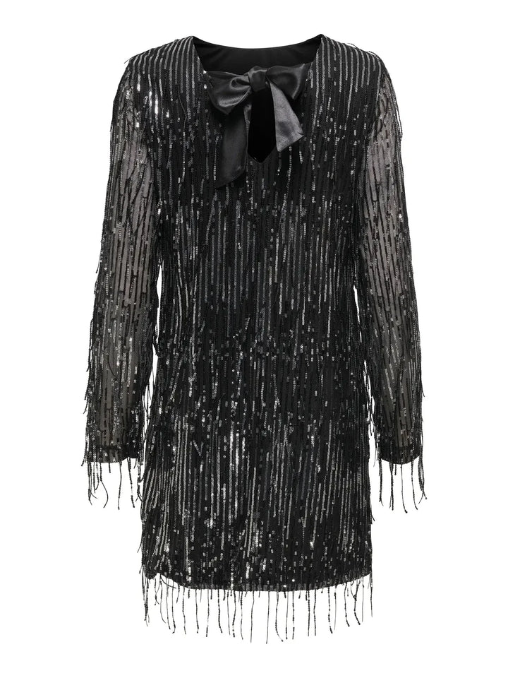 Only - Onlspacy Ls Sequins Bow Dress - 4877201 Black W. Silver Sequins Kjoler 