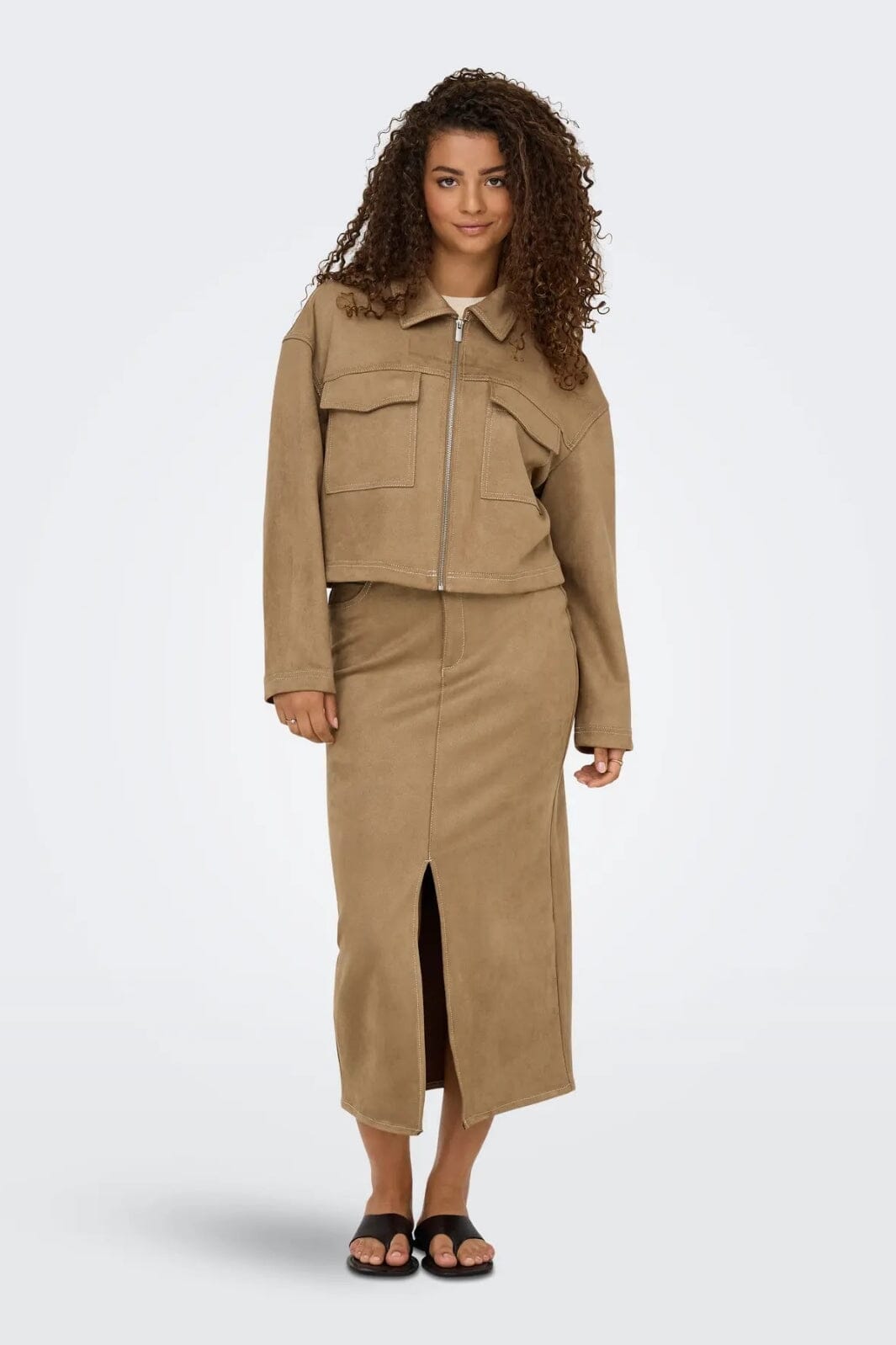 Only - Onlstina Life Faux Suede Jacket Cc - 4786471 Cocoa Créme W Contrast Stitch