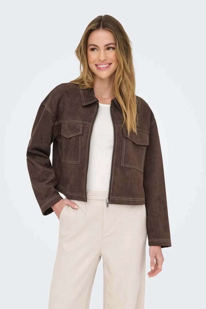 Only - Onlstina Life Faux Suede Jacket Cc - 4854247 Seal Brown W Contrast Stitch