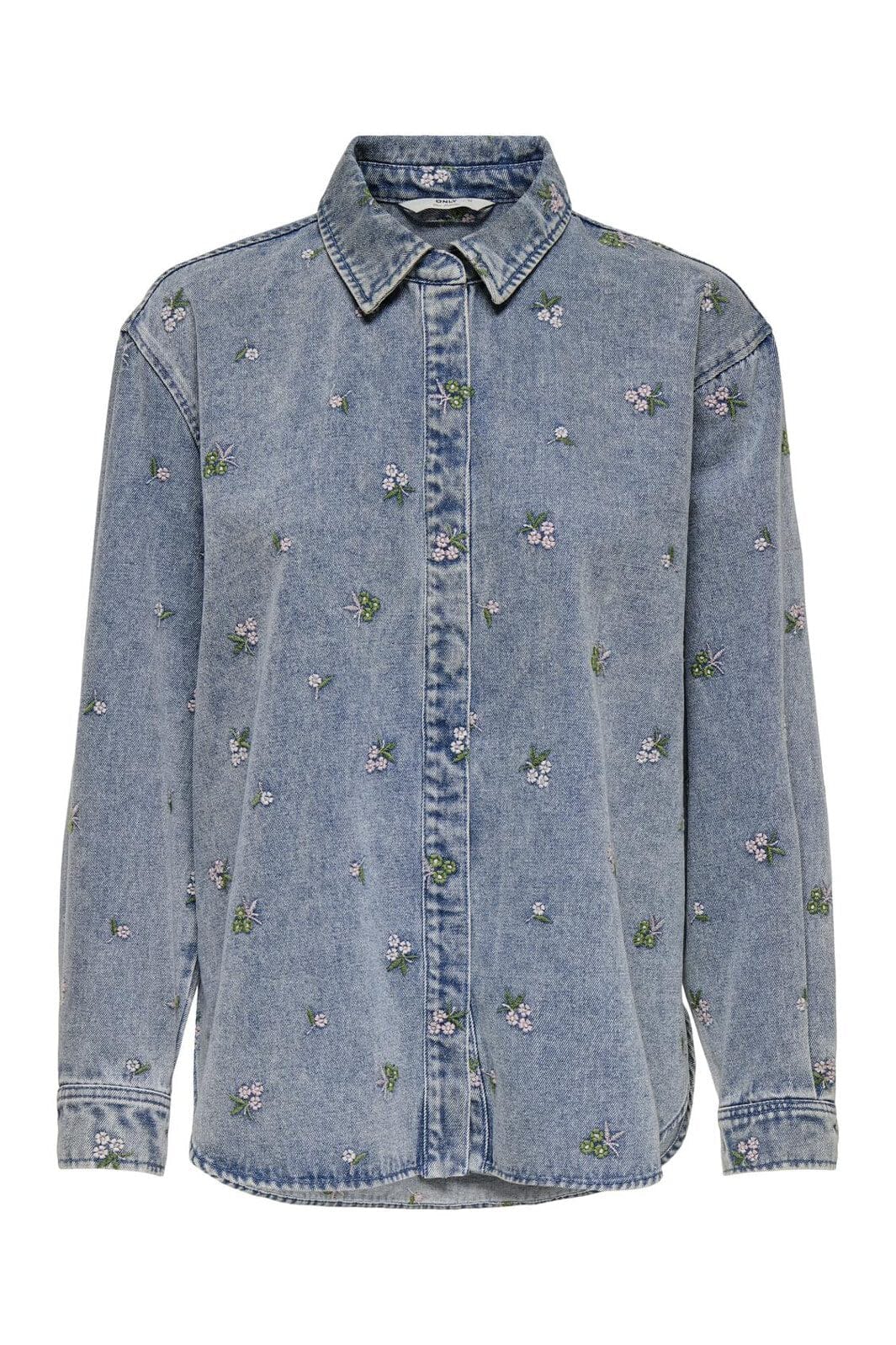 Only - Onlvera L/S Flower Emb Shirt Yor - 4794054 Light Blue Denim Flower Emb