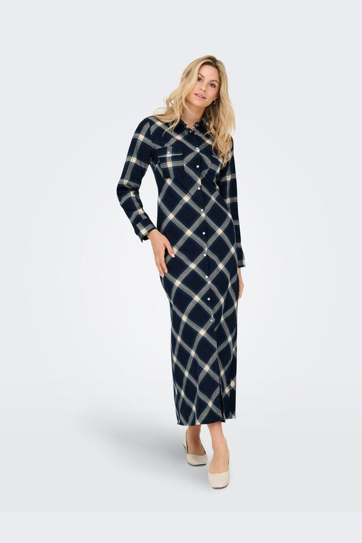 Only - Onlwren Check L/S Long Shirt Dress - 4970169 Night Sky Checked Fusion