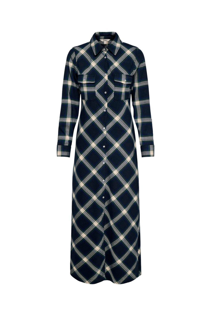 Only - Onlwren Check L/S Long Shirt Dress - 4970169 Night Sky Checked Fusion