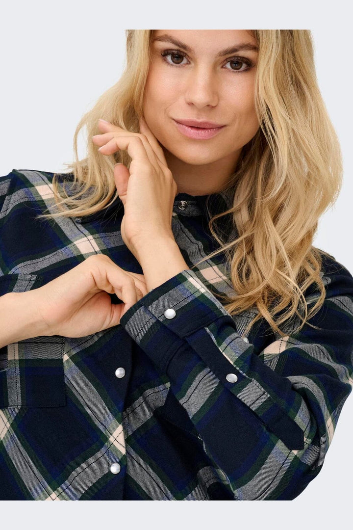 Only - Onlwren Check L/S Long Shirt Dress - 4970169 Night Sky Checked Fusion