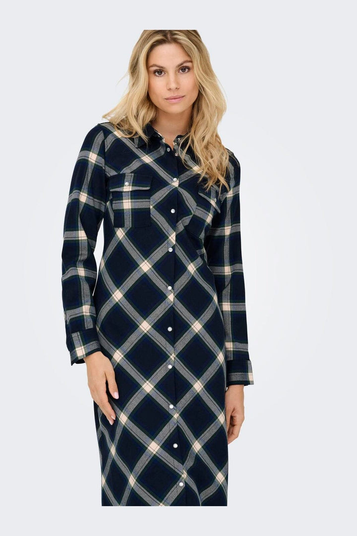 Only - Onlwren Check L/S Long Shirt Dress - 4970169 Night Sky Checked Fusion