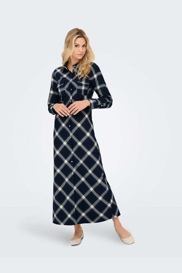 Only - Onlwren Check L/S Long Shirt Dress - 4970169 Night Sky Checked Fusion