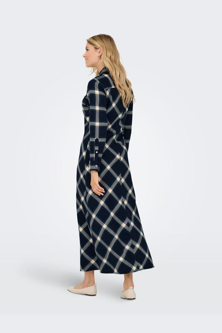 Only - Onlwren Check L/S Long Shirt Dress - 4970169 Night Sky Checked Fusion