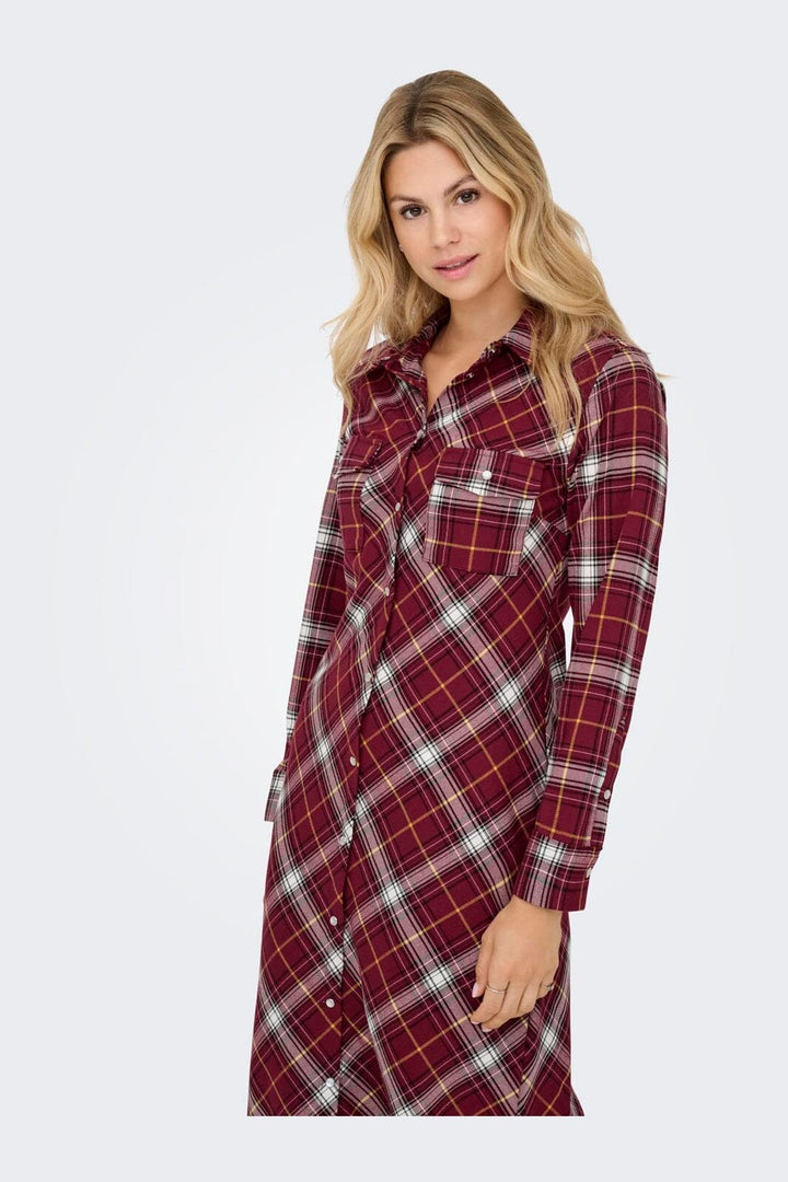 Only - Onlwren Check L/S Long Shirt Dress - 4970170 Syrah Checked Pulse