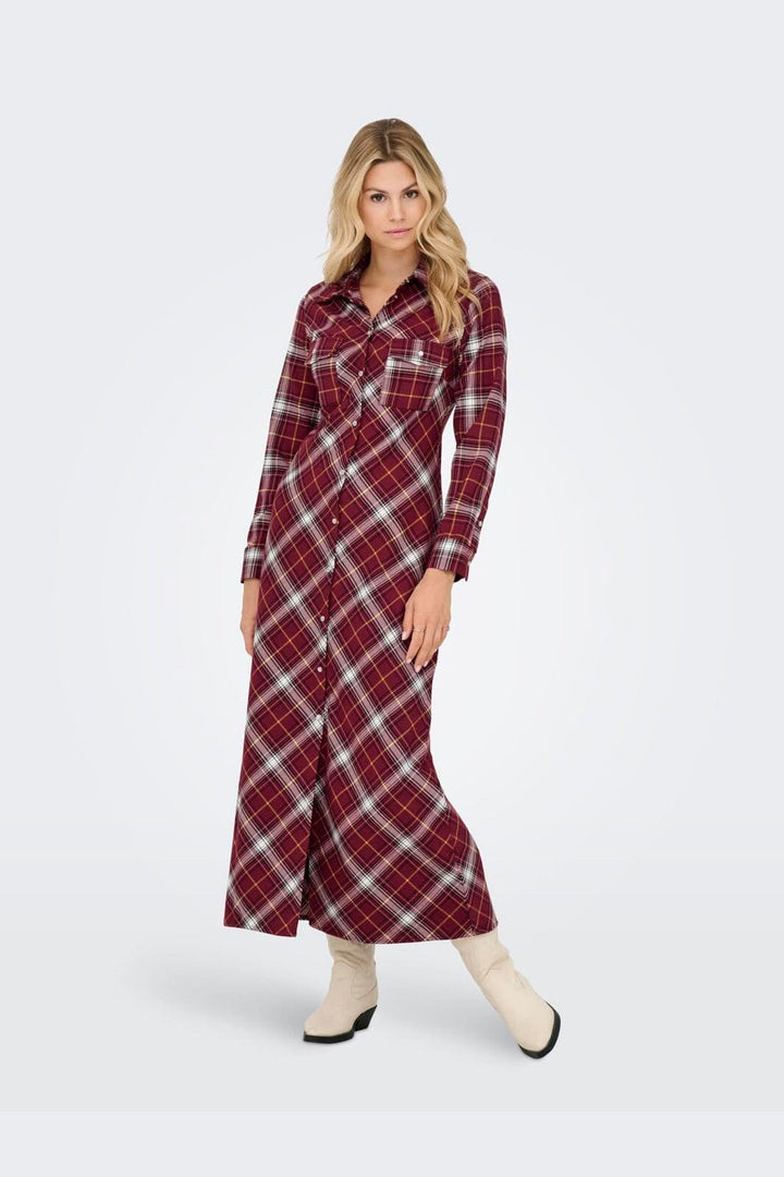 Only - Onlwren Check L/S Long Shirt Dress - 4970170 Syrah Checked Pulse
