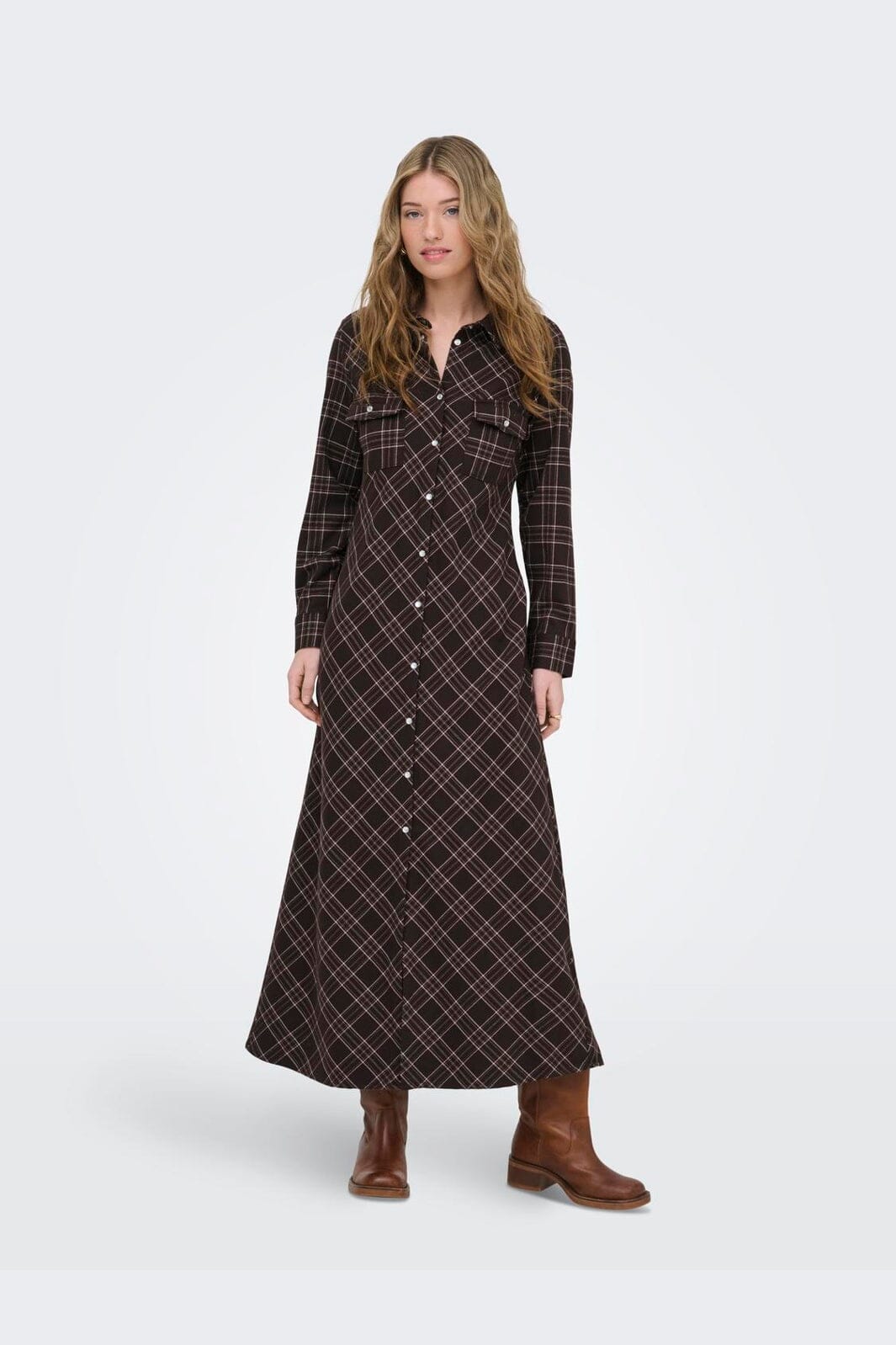 Only - Onlwren Check L/S Long Shirt Dress - 4970171 Black Checked Forge