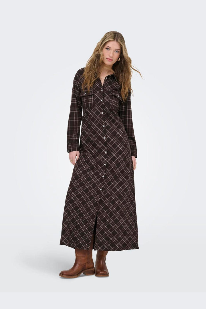 Only - Onlwren Check L/S Long Shirt Dress - 4970171 Black Checked Forge