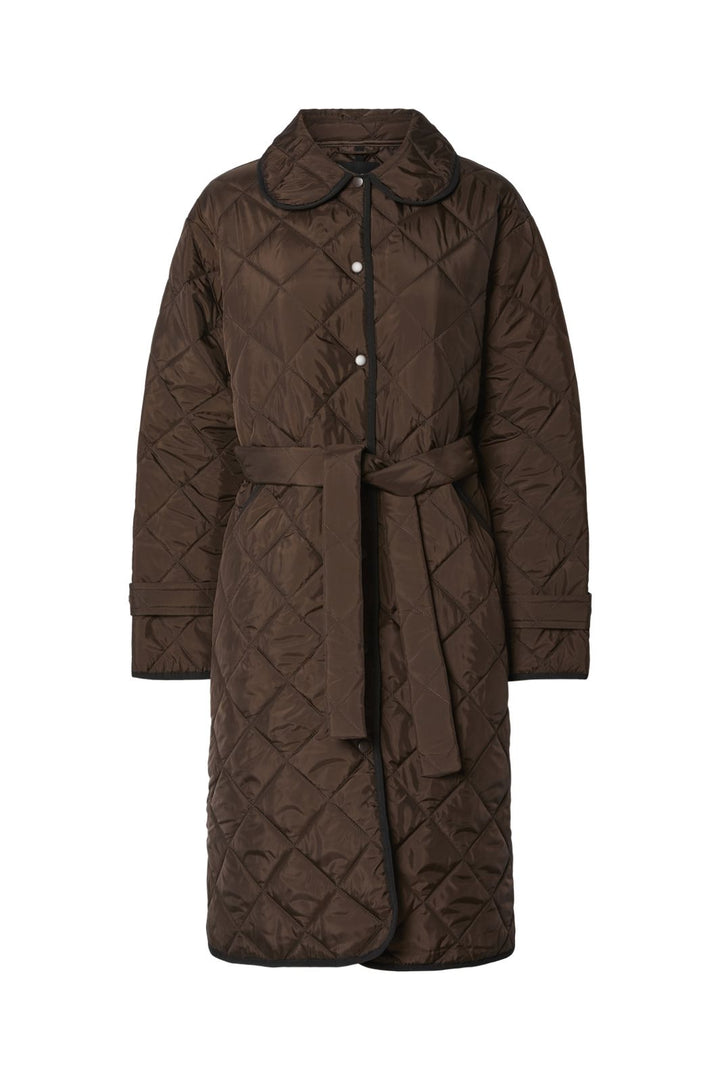 Pieces - Pcemily Long Quilted Jacket - 4816860 Hot Fudge Black Bindings