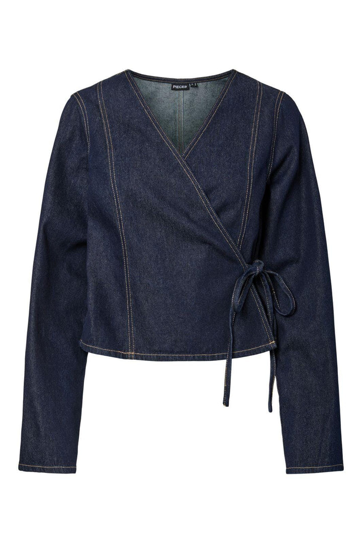 Pieces - Pcfenna Ls Denim Wrap Shirt Fsy - 4986826 Dark Blue Denim Rinse Skjorter 