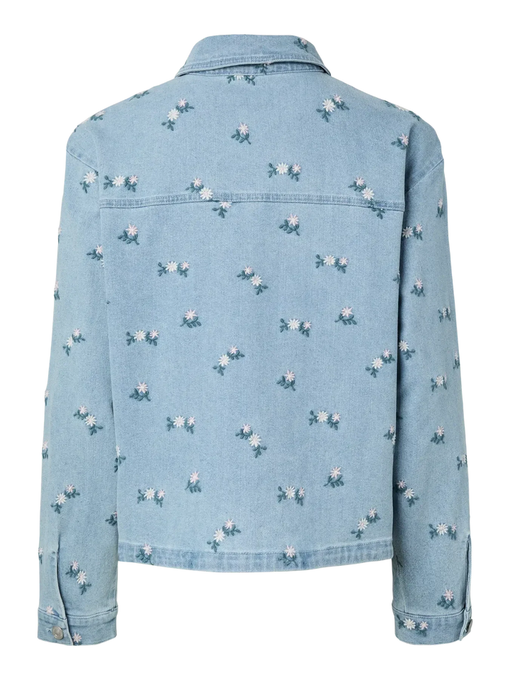 Pieces - Pcflora Ls Denim Emb Shirt - 5068169 Light Blue Denim Pink Flower Embroidery Skjorter 