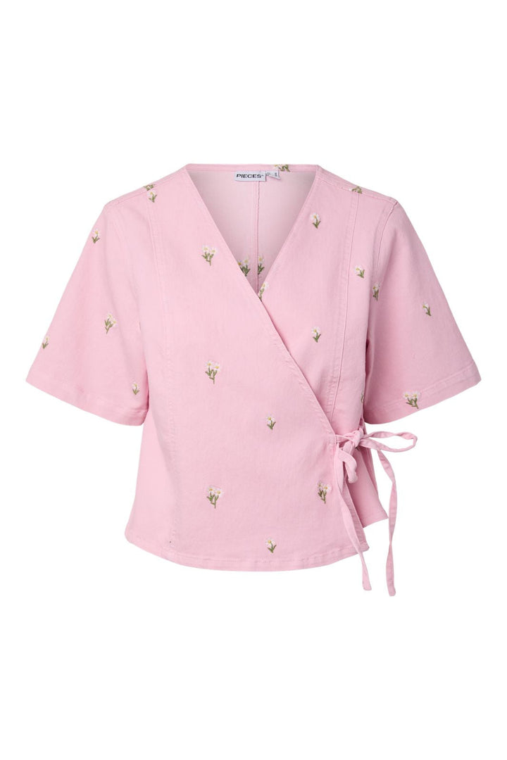 Pieces - Pcflora Ss Wrap Emb Shirt - 5124701 Roseate Spoonbill Yellow Flower Embroidery