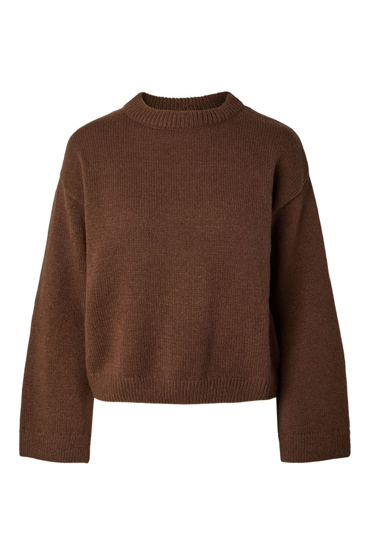 Pieces - Pciva Ls O-Neck Fringes Knit - 5269152 Downtown Brown