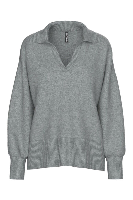 Pieces - Pcmalou Ls Polo Knit - 4793872 Medium Grey Melange