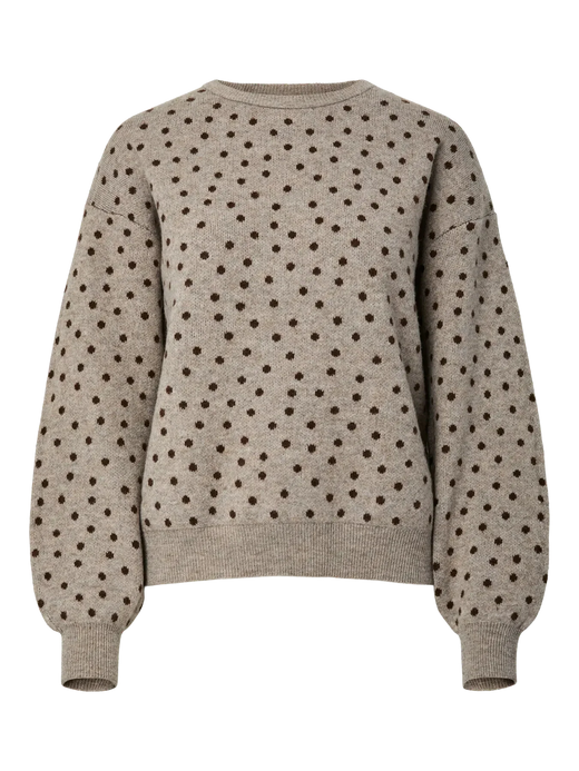 Pieces - Pcnancy Ls O-Neck Dot Knit - 5098309 Fossil Fudge Dots Strikbluser 