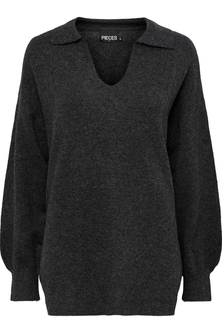 Pieces - Pcnoola Ls Oversize Polo Knit - Dark Grey Melange Strikbluser 
