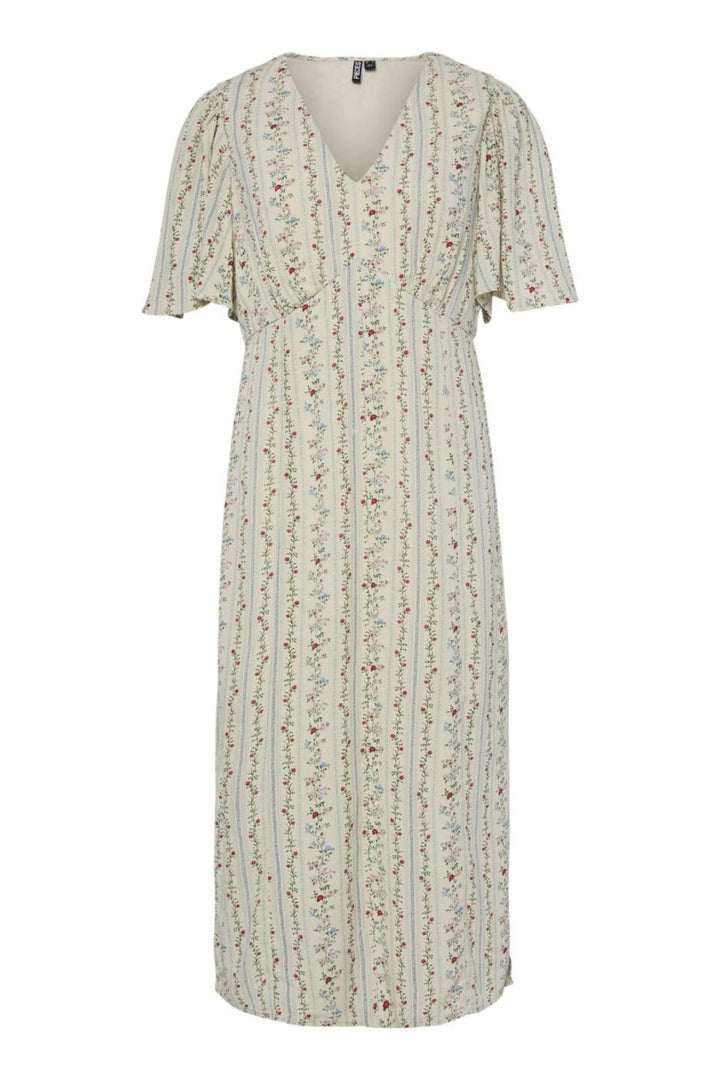 Pieces - Pctaitlyn Ss V-Neck Midi Dress - 4822602 Birch Striped Flower Kjoler 