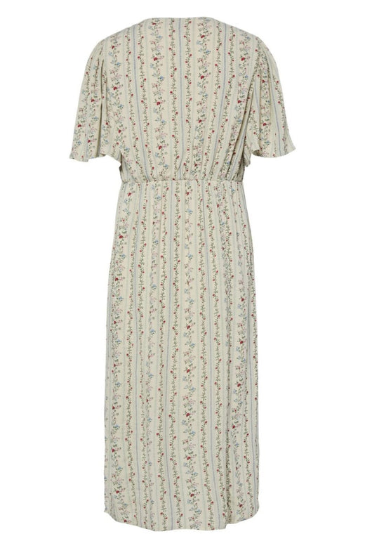 Pieces - Pctaitlyn Ss V-Neck Midi Dress - 4822602 Birch Striped Flower Kjoler 