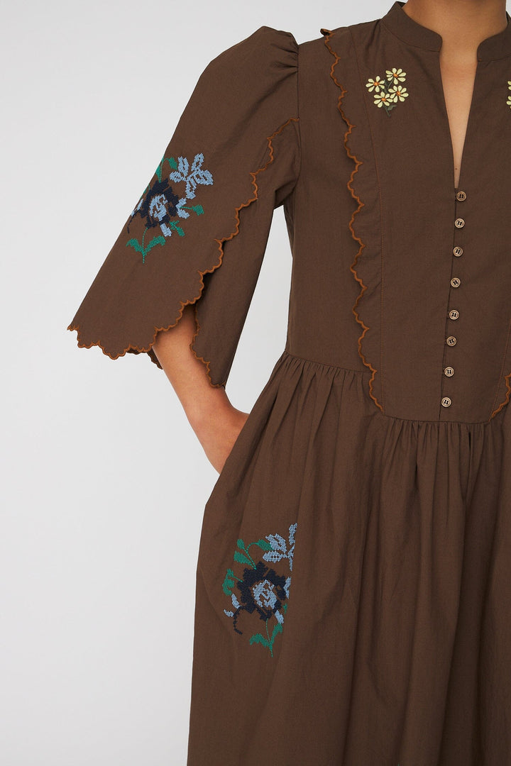 Stella Nova - Embroidered Loose Midi Dresses62-4485 - 869 Brown Kjoler 