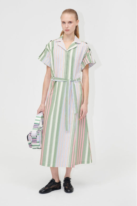 Stine Goya - 2363 Striped Cotton, Workwear Midi Dresssg-pf25-d091-2363 - Forest Stripe