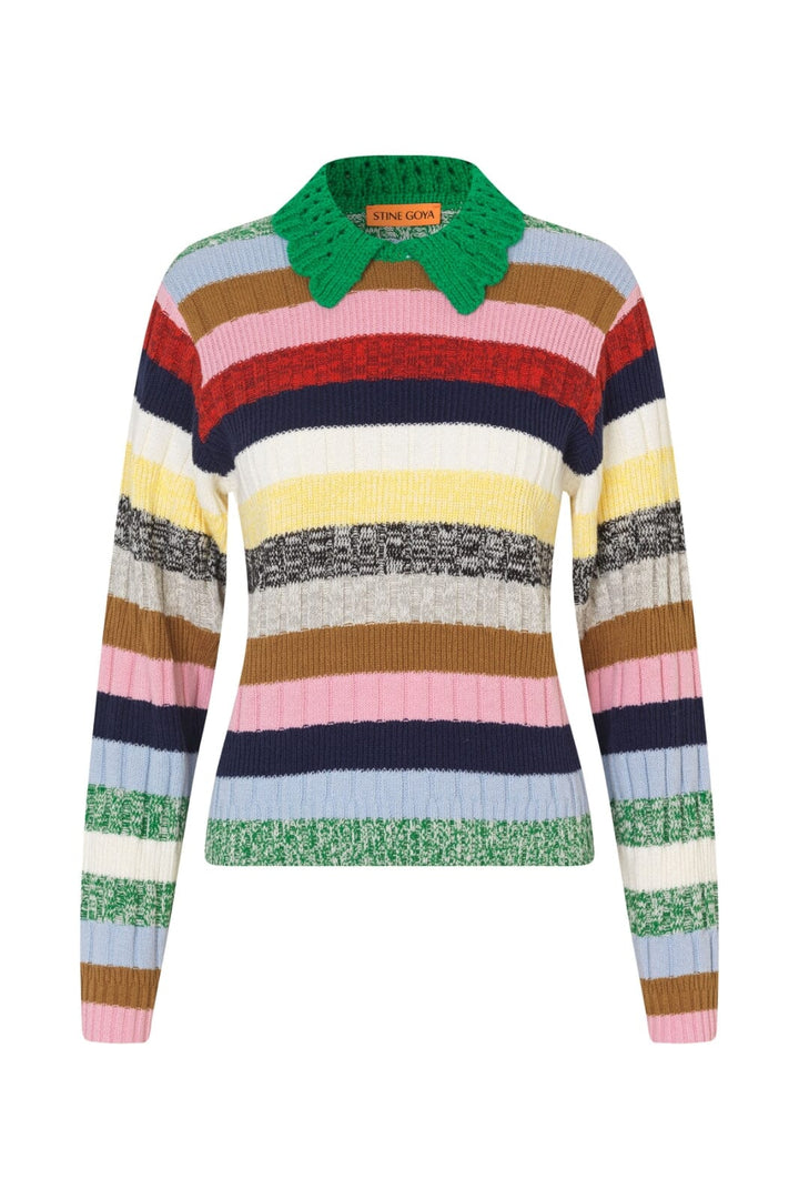 Stine Goya - 2386 Cotton Mix / Crochet Cotton, Mix Stripe Polo Collar Sweatersg-pf25-k033-2386 - Stripes Mix