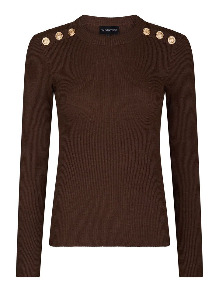 Valentin Studio - Gold Button Knit Blouse 160471 - 676 - Dark Brown Bluser 