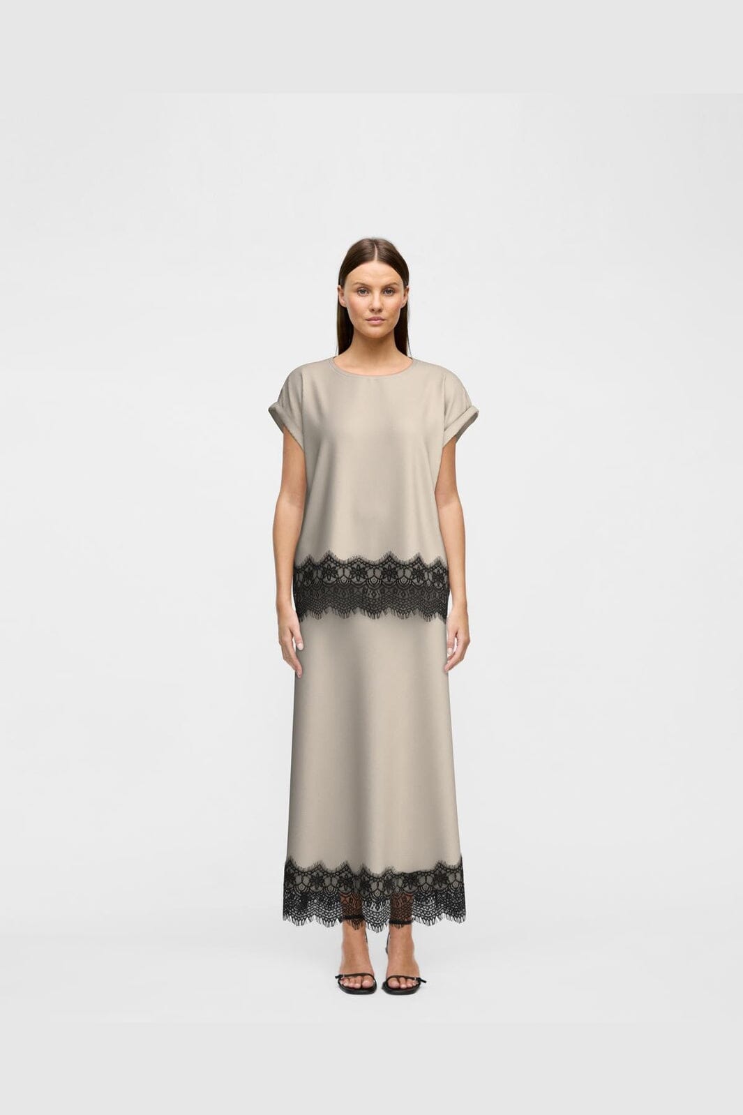 Vila - Viellette S/S Full Satin Lace Top - 5085038 Cement Black Lace