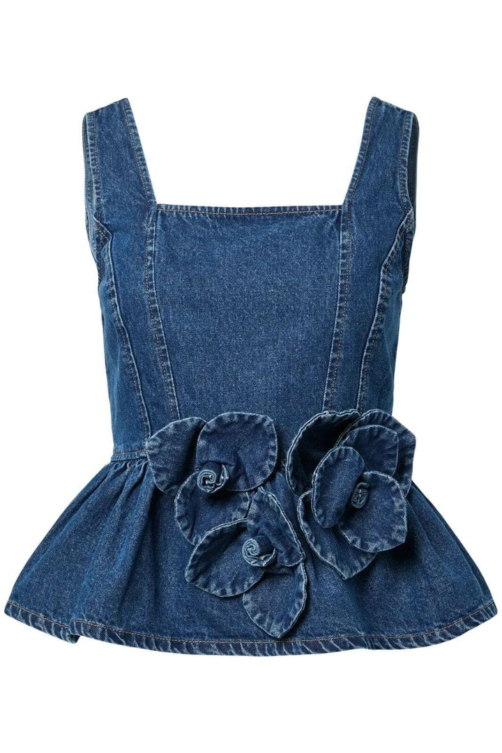 Y.A.S - Yaselsie Sl Peplum Denim Top - 4951949 Medium Blue Denim W. Tabacco Stitches Toppe 